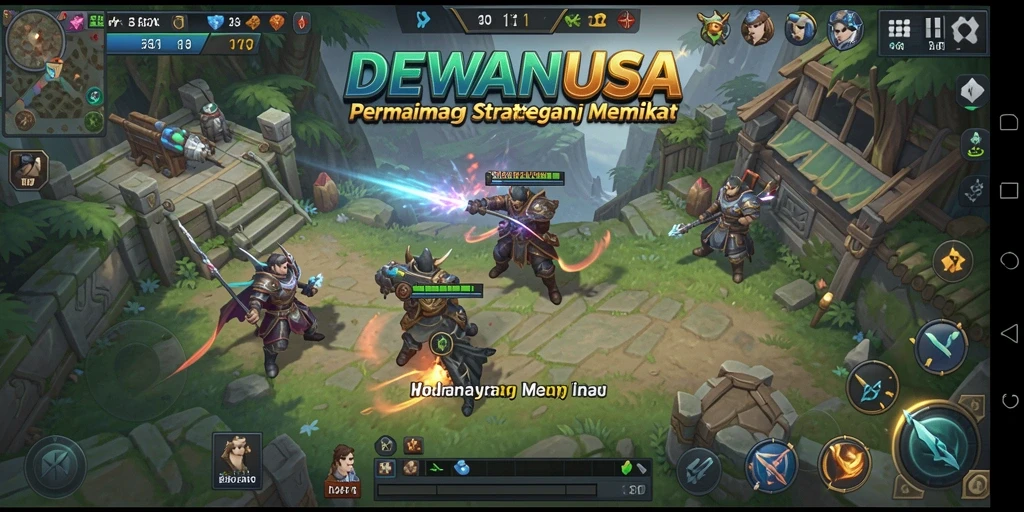 Tangkapan layar utama DEWANUSA menunjukkan pertempuran strategi yang intens.