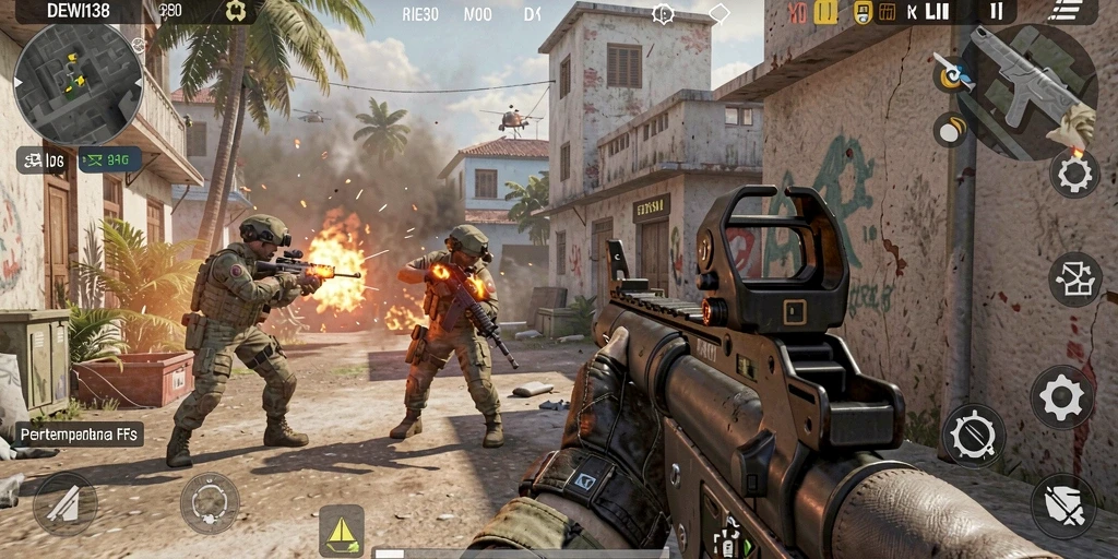 Screenshot DEWI138 menampilkan aksi intens dalam pertempuran FPS.