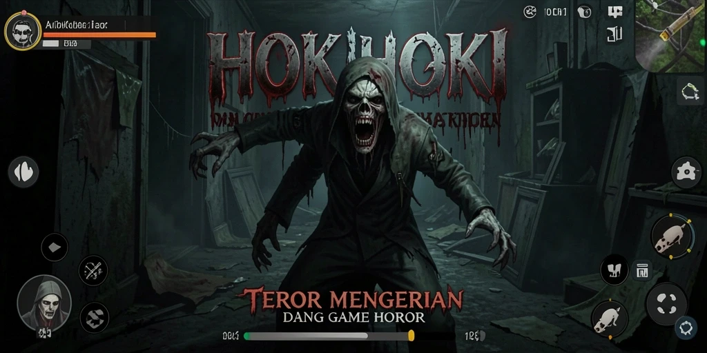 Screenshot gameplay HOKIHOKI dengan suasana horor yang mencekam.