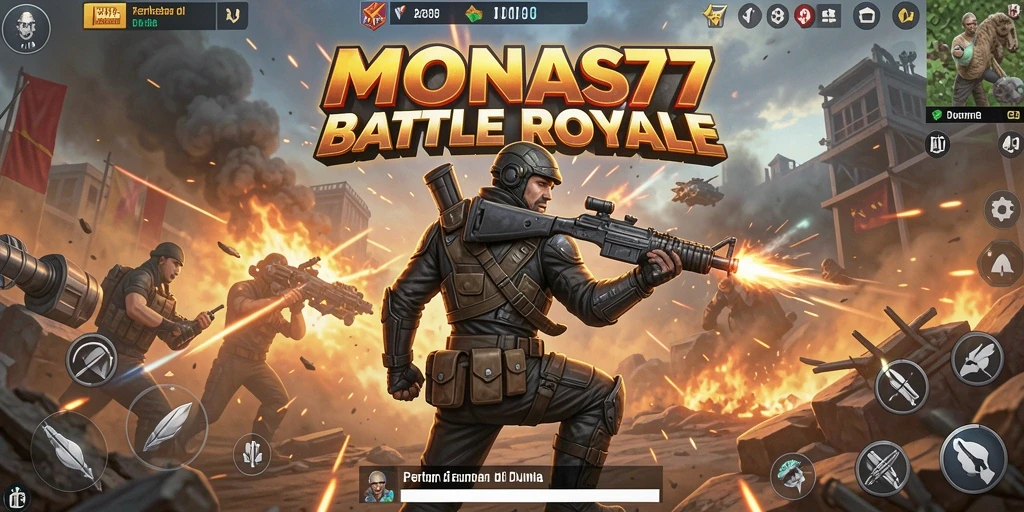 Tangkapan layar utama MONAS77 yang menampilkan aksi pertempuran Battle Royale.