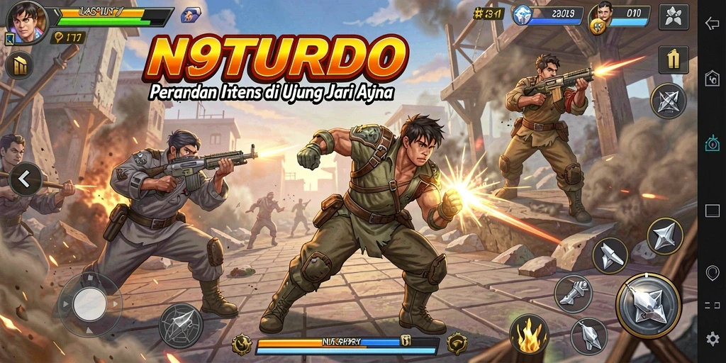 Screenshot N9TURBO menampilkan pertarungan seru di arena yang menantang.