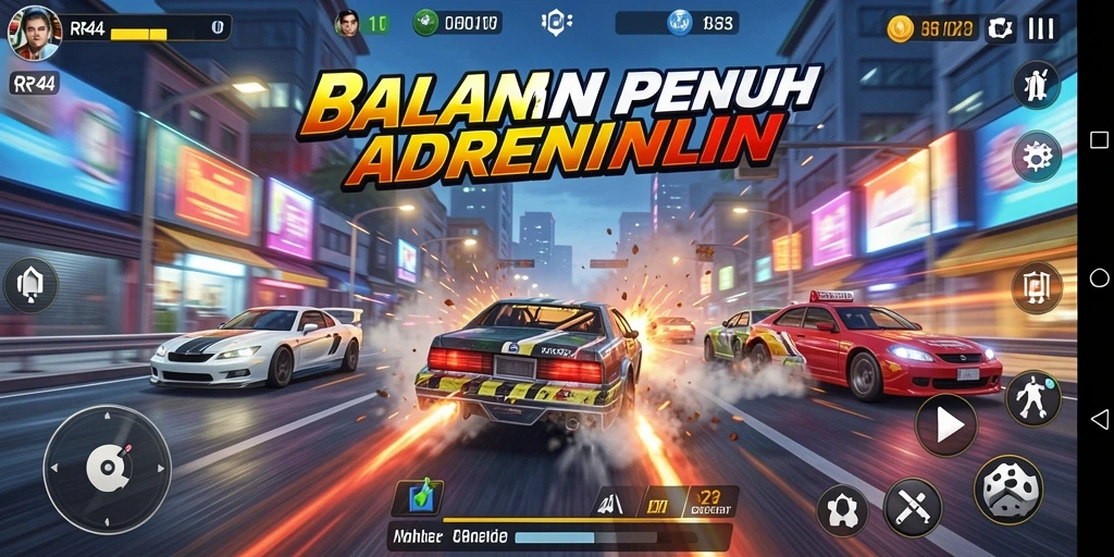 Screenshot gameplay RR44 menampilkan mobil balap di lintasan yang menantang.