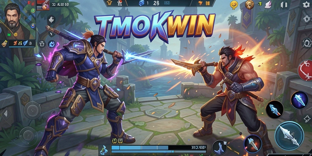 Screenshot gameplay TMOKWIN menampilkan pertarungan mendebarkan antara karakter.