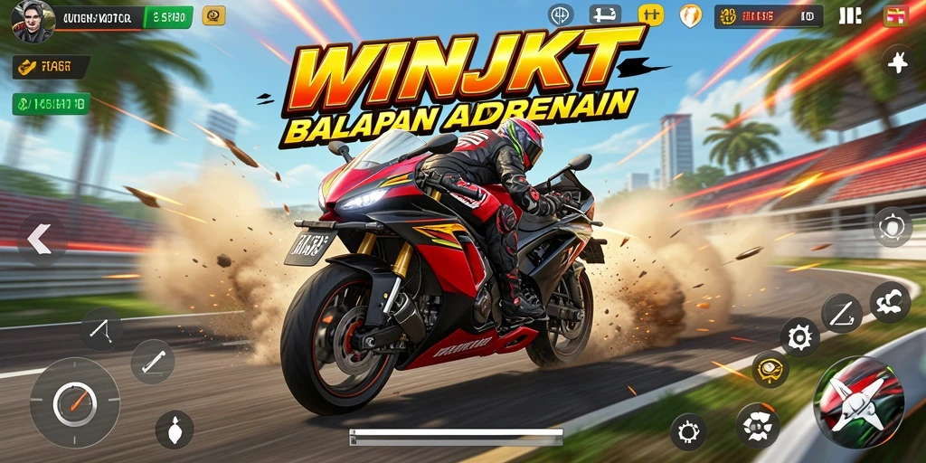 Screenshot gameplay WINJKT dengan balapan motor yang mendebarkan.