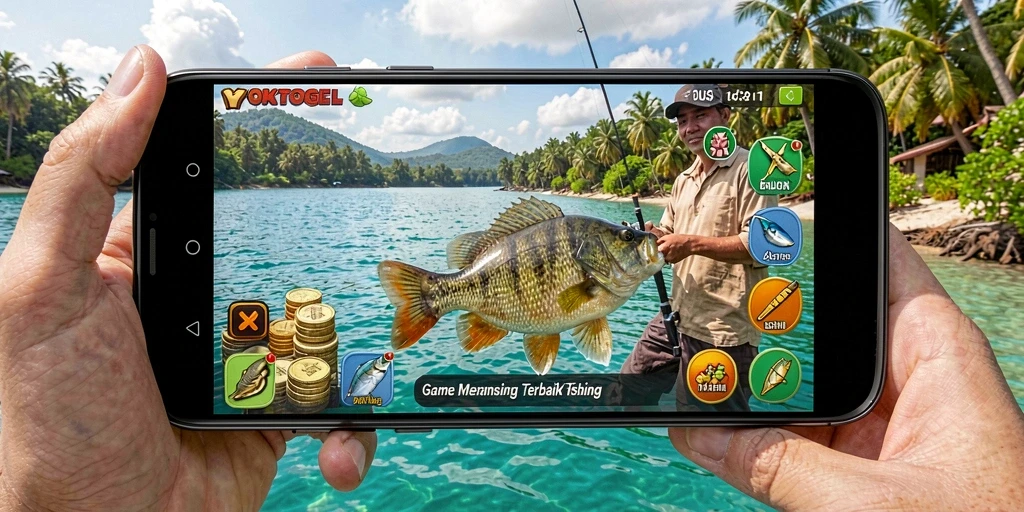 Screenshot gameplay YOKTOGEL dengan pemain memancing di tepi danau.